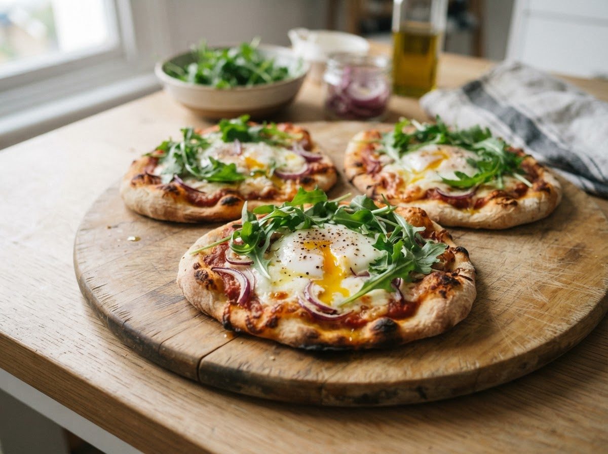 Tortilla pizzas with egg & rocket