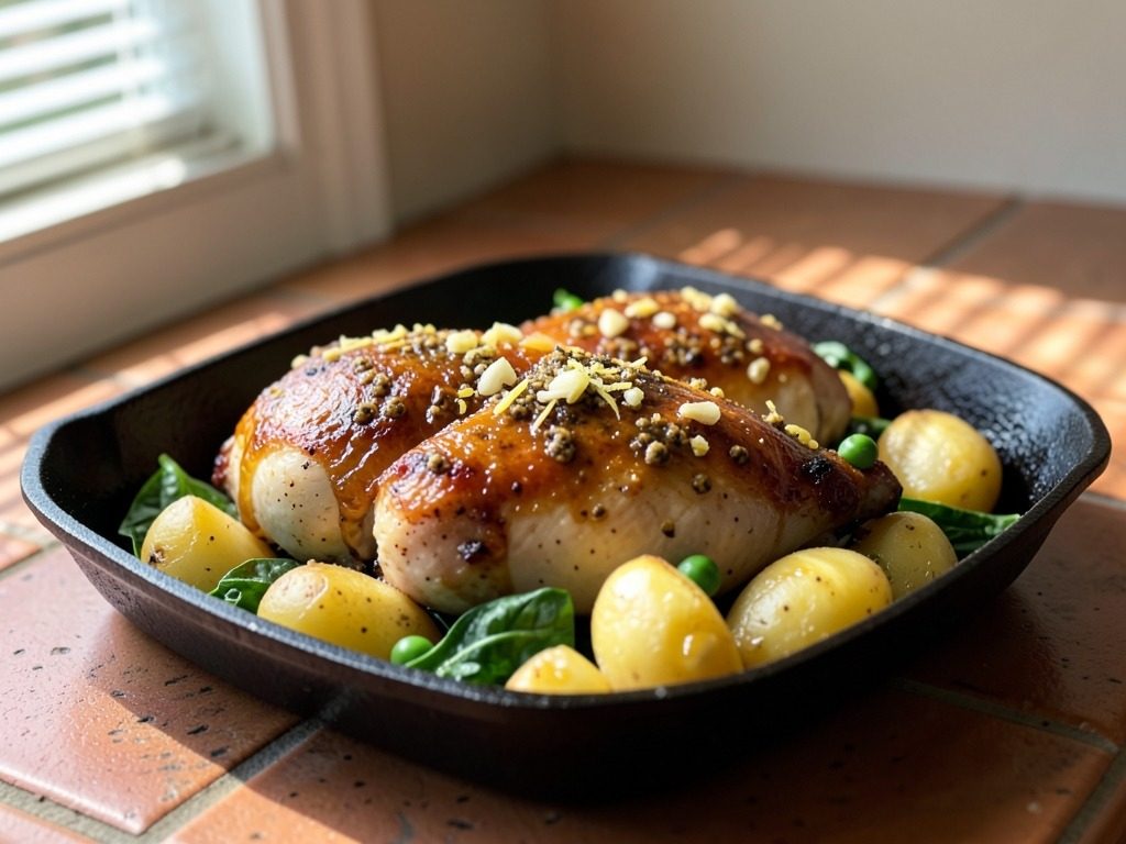 Honey mustard chicken thighs with potatoes and greens