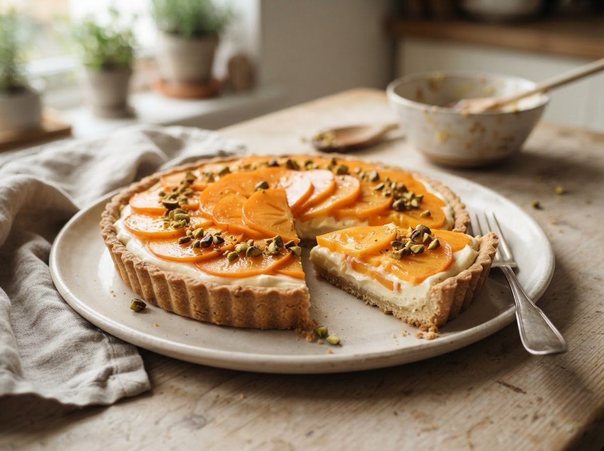 Persimmon & white chocolate tartlets with pistachios