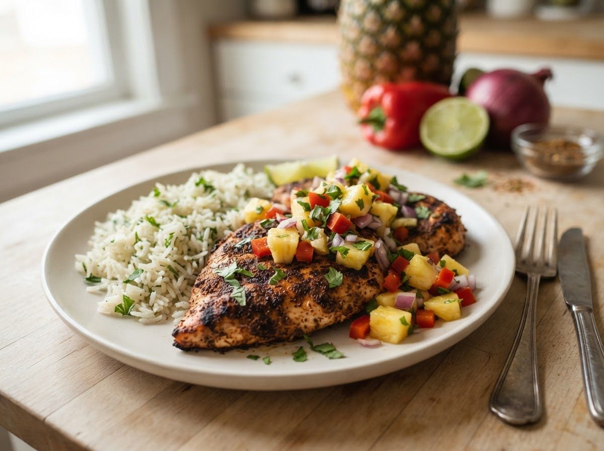 Cajun turkey steaks with pineapple salsa & bean rice