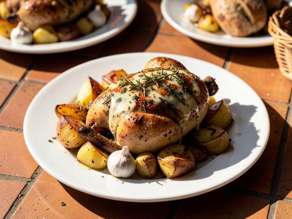 Slow-roasted whole chicken with potatoes