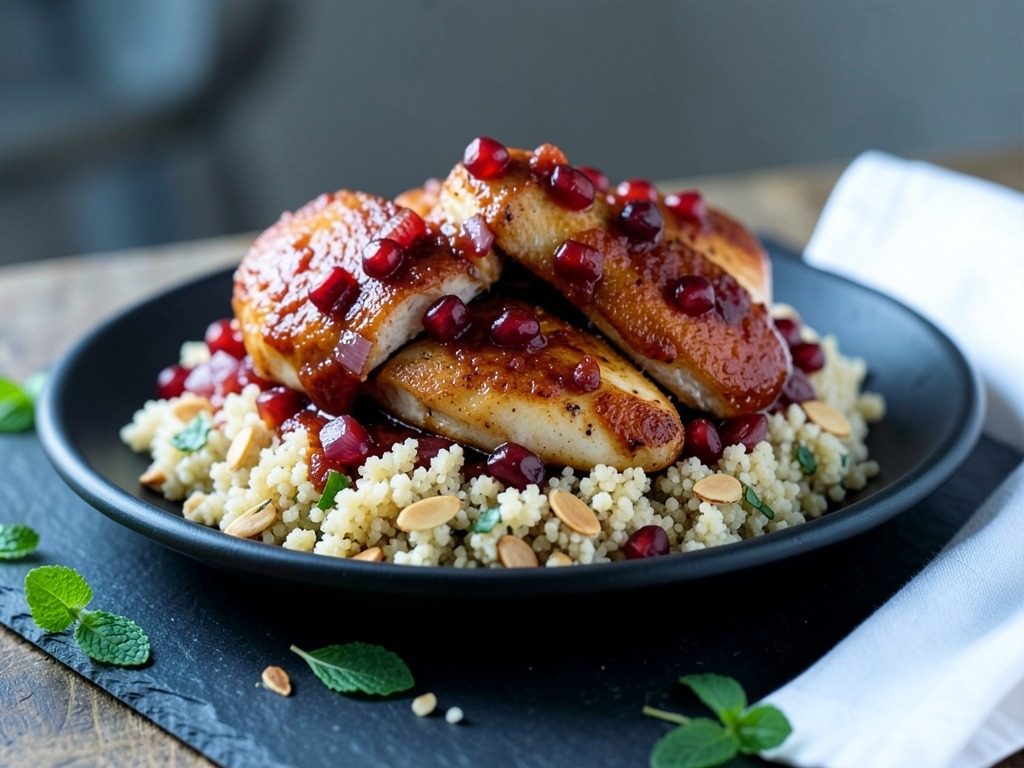 Pomegranate chicken with almond couscous