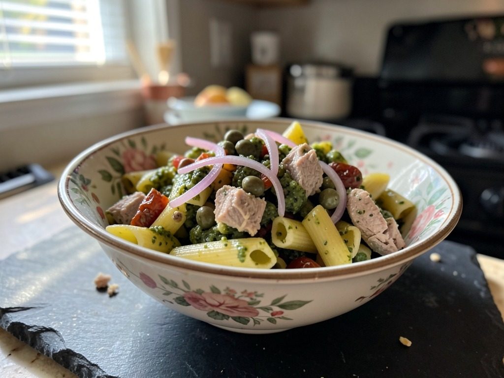 Ton balıklı pesto soslu makarna salatası