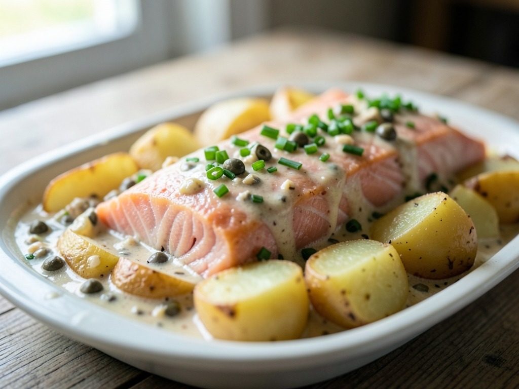 Creamy salmon traybake with leeks and potatoes