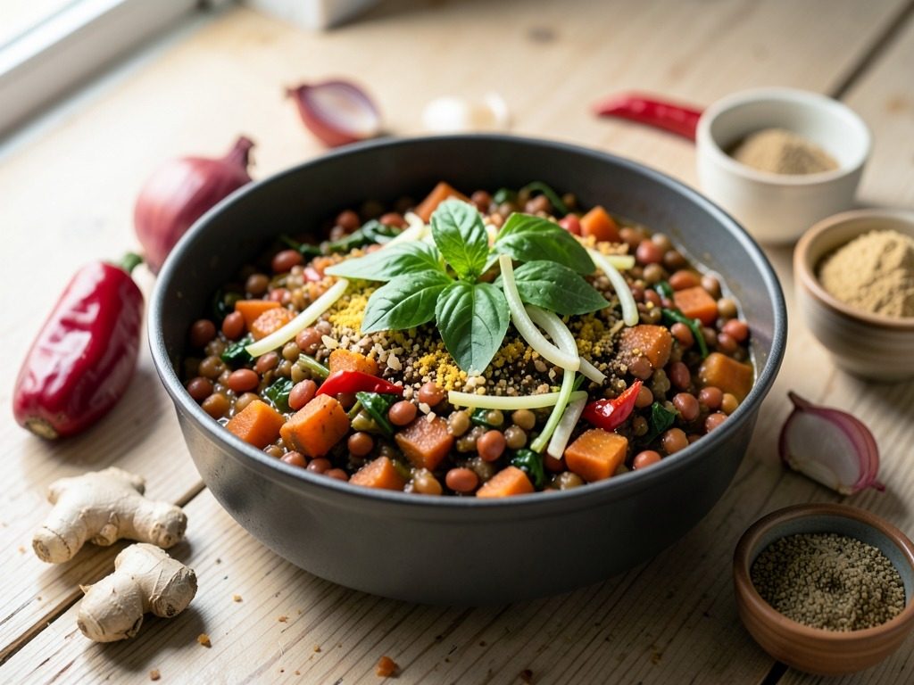 Ispanaklı, tatlı patatesli mercimek dalı