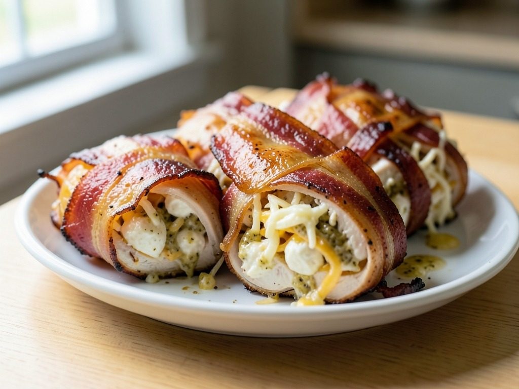 Bacon-wrapped chicken stuffed with mustard and cheese