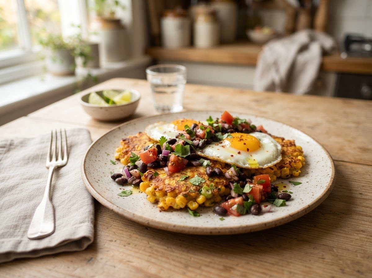Corn fritters with poached eggs & black bean salsa