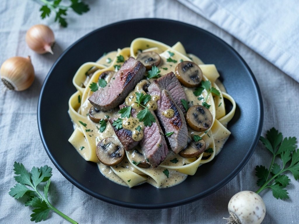 Beef stroganoff with herby pappardelle
