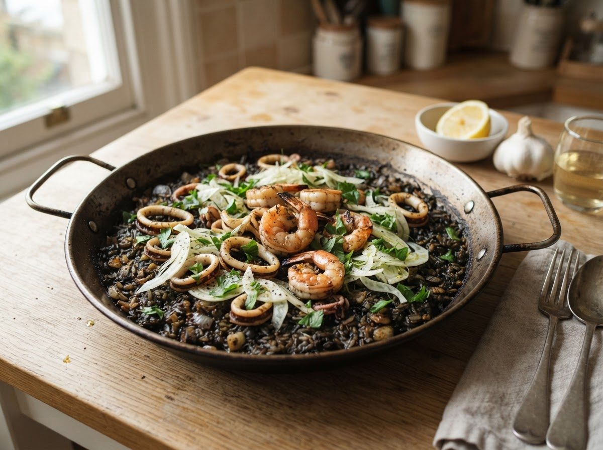 Paella-style rice with squid, prawns & fennel