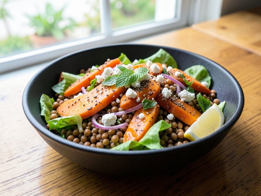 Puy lentil, spiced carrot and feta salad