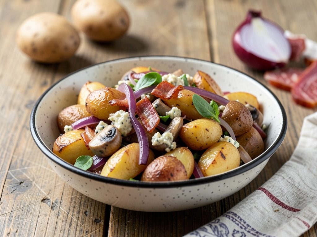 Warm roasted potato salad with bacon and blue cheese